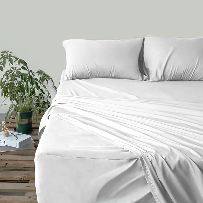 Queen Sheet Set Deep Pocket - 4 Piece Extra Soft Queen Bed Sheets - Side Storage Pocket Fitted Sheet & Pillowcase & Flat Sheet - Easily Fits 16in to 24in Pillow Top Air Bed Mattress - White