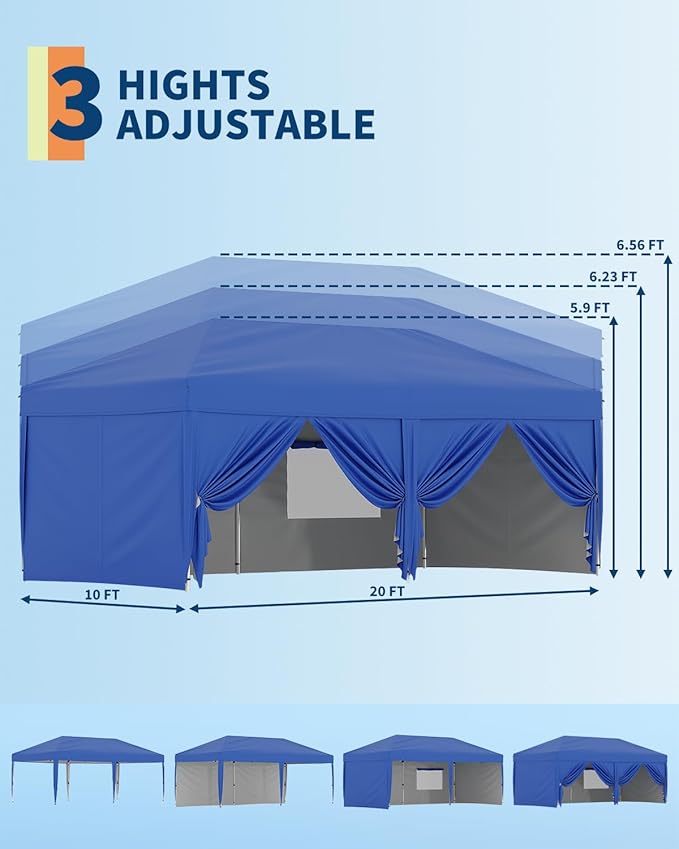 10x20 Pop Up Canopy Tent Outdoor Canopy with 6 Removable Sidewalls One-Person Set Up Heavy Duty Commercial Instant Tent Shelter-Blue