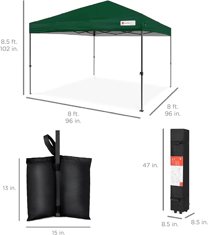 Best Choice Products 8x8ft Pop Up Canopy Tent, Outdoor Shade, 1 Person 1 Minute Set Up, Carry Case, 4 Weight Bags - Forest Green