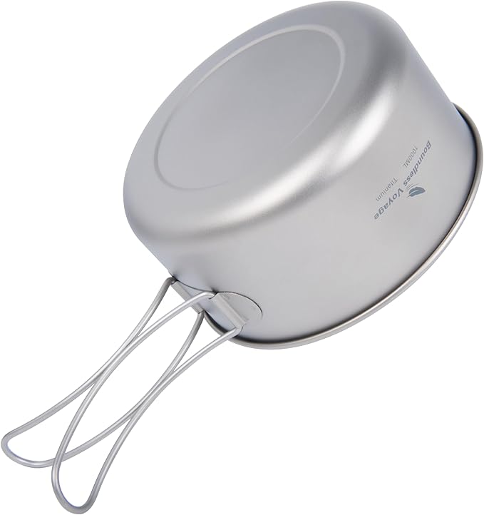 iBasingo Backpacking Cookset Titanium Camping Pots Set Ultralight Outdoor Picnic Pots Pans with Folding Handle Druable Portable Cooking Mess Kit Compact Picnic Dishes Bowls Cups (Multiple Sizes)