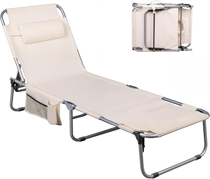WLIVE Outdoor Tanning Chair, 5-Position Folding Beach Chair with Face Hole for Adults, Portable Patio Lounge Chair for Beach, Pool,Camping, Beige