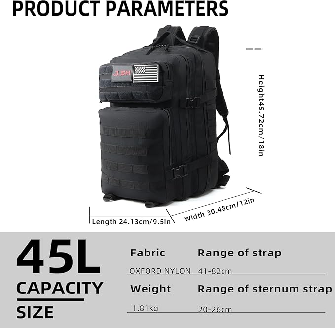 J.SH Large Military Tactical Backpack for Men, Army Assault Pack Bag with MOLLE System, 3-Day Bug Out Bag for Outdoor Hiking, Gym, Tactical Missions, Rugged Survival & Outdoor Rescue - 45L Black