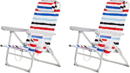 SUNNYFEEL Portable Beach Chair, Folding Low Back Beach Chair, Lightweight Camp Chair with Reclining Position, Backpack Lounger for Beach, Camping, Lawn, Outdoor, Red Blue White Striped, 2 Pack