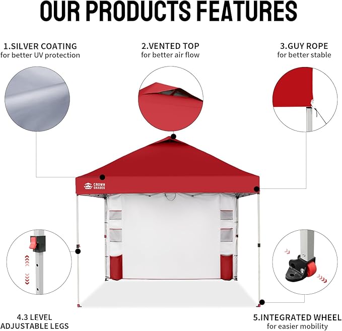 CROWN SHADES Canopy Tent 10x10 Pop Up Canopy Outdoor Shade with Pockets Sidewall, Easy Up Sun Shelter with One Person Set Up Center Lock, Portable Instant Camping Beach Canopy Tents, Red