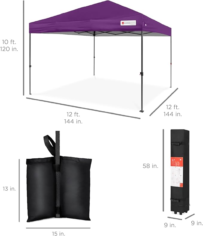 Best Choice Products 12x12ft Pop Up Canopy Tent, Outdoor Shade, 1 Person 1 Minute Set Up, Carry Case, 4 Weight Bags - Amethyst Purple