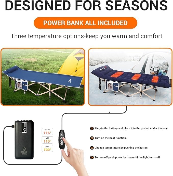 Nice C Heated Cot with Cushion, Heated Camping Cots, Folding Cots with Mattress for Adults, with Pillow, Carry Bag & Storage Pocket, Extra Wide Sturdy, Holds Up to 500 Lbs (2, Heated Mattress Navy)
