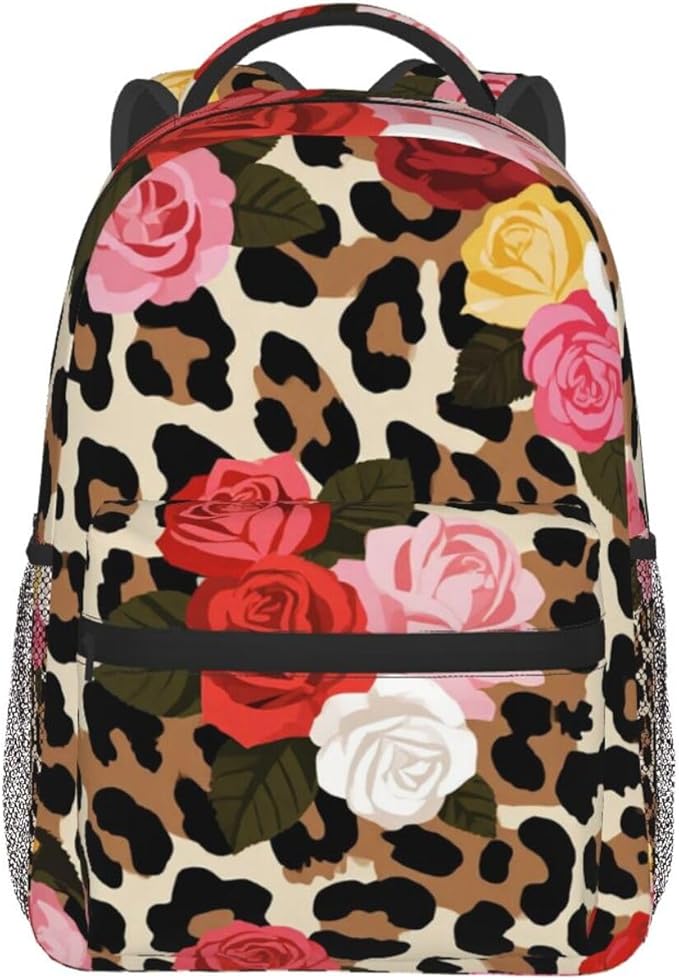 Men Women Polyester Cheetah Leopard Print Floral Daypack Big Capacity Shoulder Bag With Adjustable Shoulder Straps for Camping Travel Walking Cycling