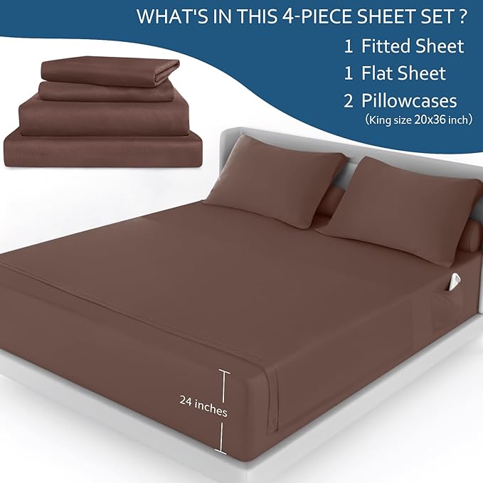 Cal King Sheet Set - 4 Piece California King Sheet Sets - Extra Deep Pocket Hotel Luxury California King Sheets Fade Resistant Fits up to 24in Cal King Bed Mattress - Brown