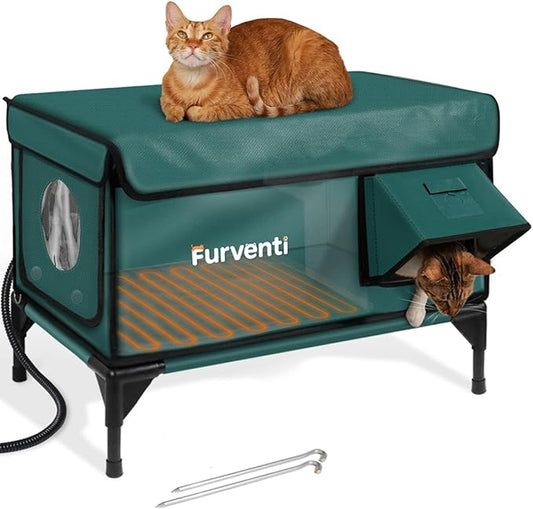 Outdoor Heated Cat House in Winter,Extremely Insulated & Weatherproof,Elevated Feral Cat Shelter with Waterproof Eaves & Escape Door for Outside Stray Barn Cat (Green,L)