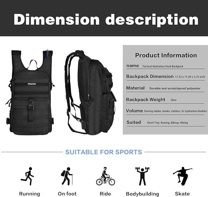 MOSISO Tactical Hydration Pack Backpack, Lightweight Military Daypack Water Backpack Rucksack Bag with 3L Water Bladder