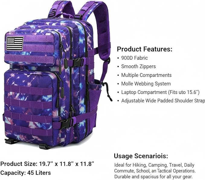 Military Tactical Backpack 45L Bug Out Bag Assault Pack Molle Daypack Hiking Gym Rucksack with Bottle Holder(Purple tie dye)