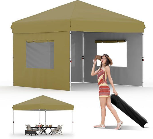 10x10 Pop Up Canopy Tent Outdoor Canopy with 3 Removable Sidewalls One-Person Set Up Heavy Duty Commercial Instant Tent Shelter-Khaki