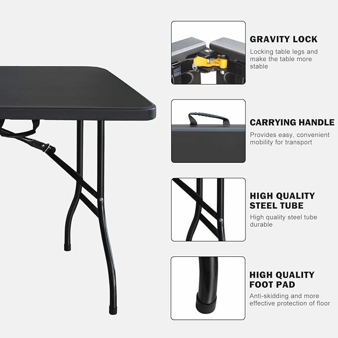 Portable Plastic Folding Table 4ft/6ft/8ft Heavy Duty White Black Picnic Dining Table Fold-in-Half for Camp Party Kitchen Indoor Outdoor