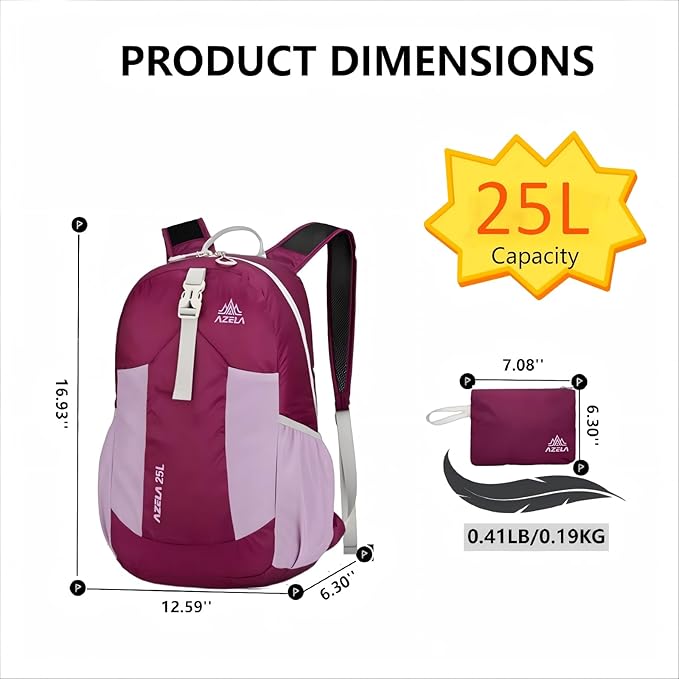 Lightweight Packable Backpack 25L Small Lightweight Backpack for Travel Hiking Daypack Foldable Daypack for Women Men Purple