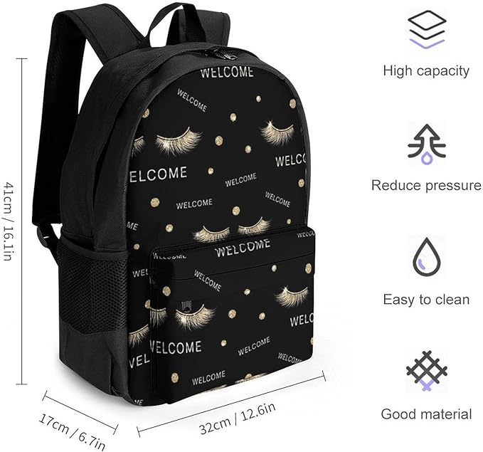 Daypack Anti-Theft Multipurpose Large Capacity Shoulder Bag, Stylish Black Rose Gold Eyelashes Welcome Travel Hiking Camping Rucksack With Smooth Zippers