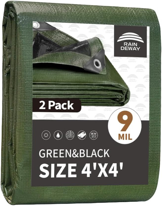 RAINDEWAY Tarps 4x4 Feet（2 Pack）,Small Tarp Waterproof,9Mil Thick Finished Size, Multipurpose Poly Tarp Cover with Metal Grommets and Reinforced Edges,Green/Black Tarpaulin