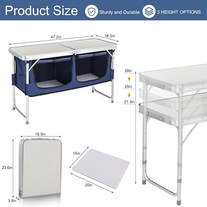 Outvita Folding Table, 4FT Aluminum Camping Table with Large Storage Space and Adjustable Height Picnic Table Lightweight for Carring Outdoor Party Events Beach