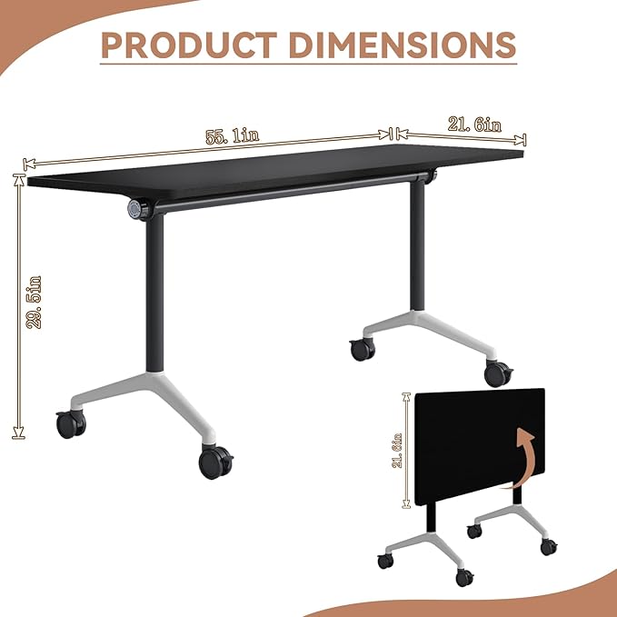 2Packs 55.1 Inch Folding Conference Table Space-Saving 4.59 Ft Training Classroom Table,Heavy-Duty Meeting Table for Office Events,Easy Storage Design, Black Rectangular Table with Durable Legs