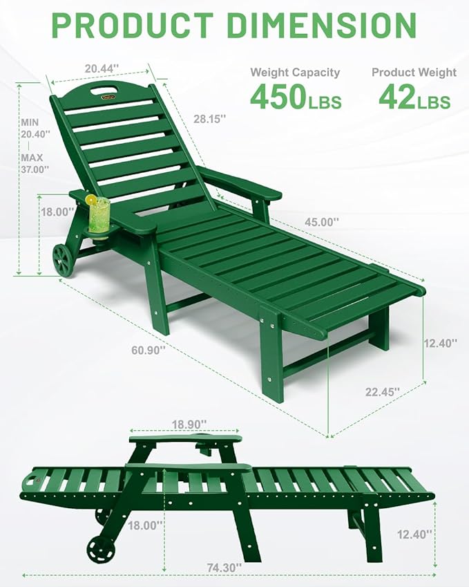 Chaise Lounge Outdoor with Wheels, Adjustable 6-Position Chaise Lounge Outdoor, Patio Lounge Chair for Poolside Backyard, Green