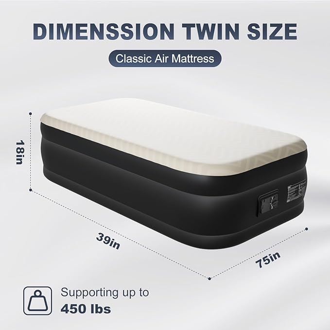 Outvita 18in Queen Air Mattress with Built-in Pump, Quick Assembly Comfort Blow Up Sleeping Mat for Guests and Home, Camping, Travel, Air Bed 650lbs Weight Capacity (75 * 39 * 18in)