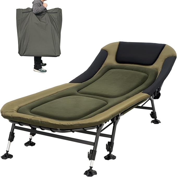 XXL Camping Cots for Adults 330Lbs with Carry Bag, Heavy Duty Folding Bed with Soft Padded Cushion, Portable Sleeping Cot for Hunting, 180° Adjustable Reclining Outdoor Lounger