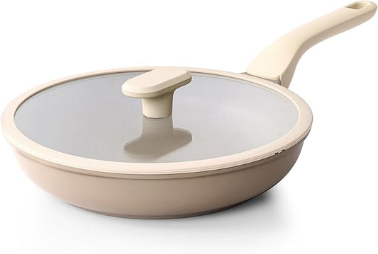 PRICUSIS Nonstick Frying Pan with Lid, Healthy Skillet, Egg Pan Nonstick Omelet Pan Chef's Pan, PFOA & PTFE Free, Induction Compatible (8Inch W/L Natural Linen)