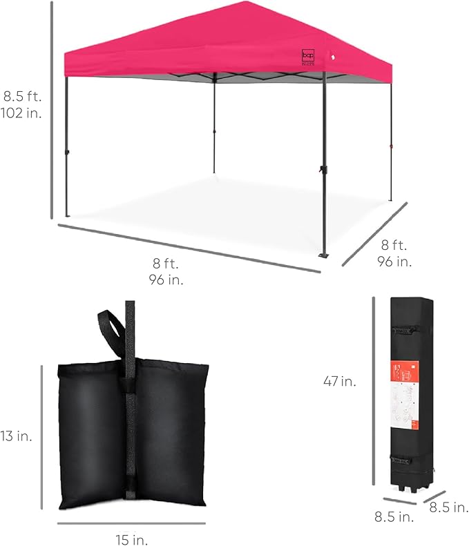 Best Choice Products 8x8ft Pop Up Canopy Tent, Outdoor Shade, 1 Person 1 Minute Set Up, Carry Case, 4 Weight Bags - Hot Pink
