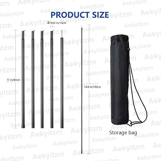 Tent Poles,Adjustable Portable Tent Poles-74.8" Sturdy and Durable Rustproof Thickened Iron Tent Stakes for Camping,Hiking,Van Awnings,Beach Awning Tent Accessory with Storage Bag-2 Pack (Black)