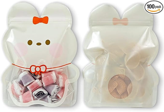 QQ Studio Pack of 100 Goodie Bags with Animal Design Strand Strong Resealable Pouches Perfect for Gift Treats and Favor with Clear Window 7 Inch x 8.75 Inch (White Rabbit)