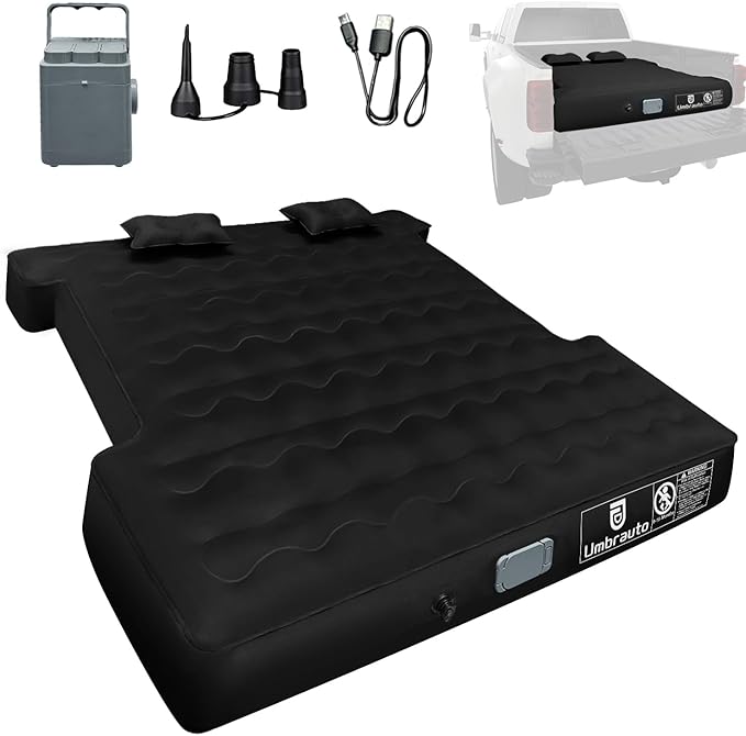 Umbrauto Truck Air Mattress for 6-6.5ft Full Size Truck Bed, Rechargeable Wireless Pump, Upgraded Peach Skin Fabric Top, Pickup Tent Airbed for Outdoor Travel