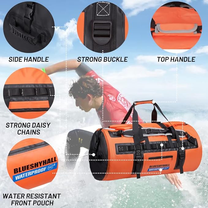 Blueshyhall 60L Waterproof Duffle Bag with Durable Handles Straps, Water Repellent Dry Sack for Motorcycle Paddleboarding Kayaking Canoeing Camping Rafting Boating (Grey)