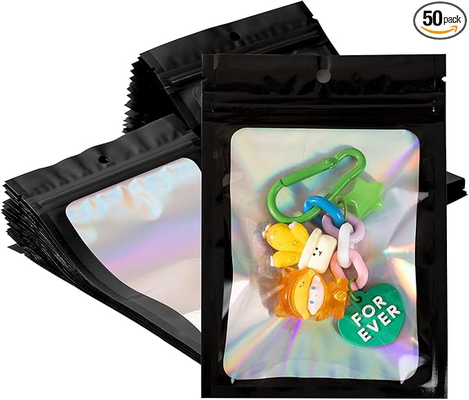 50Pcs Black Holographic Mylar Bags, 5.5x7.8 inch Resealable Foil Zipper Pouches for Gummies, Party Favors, Small Business Packaging