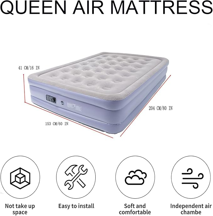 Queen Air Mattress Bed with Built in Pump,16 Inches High Queen Airbed Inflatable Mattress,Comfort Thickened Blow Up Air Mattress,Travel Sleeping Bed for Guests Home(Queen Size)