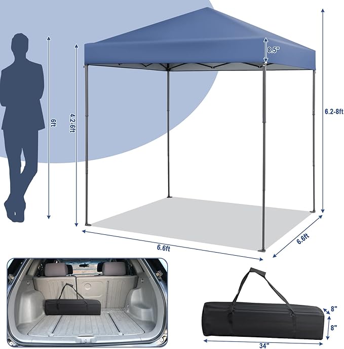 6.6 x 6.6 Ft Pop Up Canopy, 1 Person Instant Setup Canopy Tent with Push Center Lock, 8 Stakes, 4 Ropes & Carrying Bag, Portable Easy Up Gazebo Shelter for Outdoor Camp, Beach, Patio & Party
