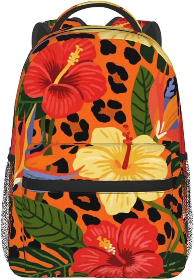 Daypack Anti-Theft Multipurpose Large Capacity Shoulder Bag, Cheetah Leopard Print Floral Earth Yellow Travel Hiking Camping Rucksack With Smooth Zippers