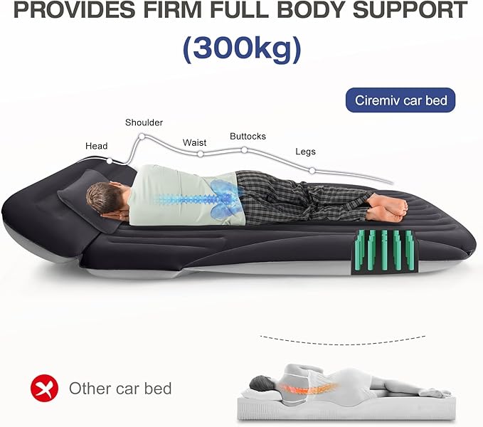 SUV Air Mattress, Double-Sided Thick Flocked Car Air Mattress with Built-in Pump & Pillow, Complete Sleeping Accessories for Auto Camping & Road Trips（Blue Black）