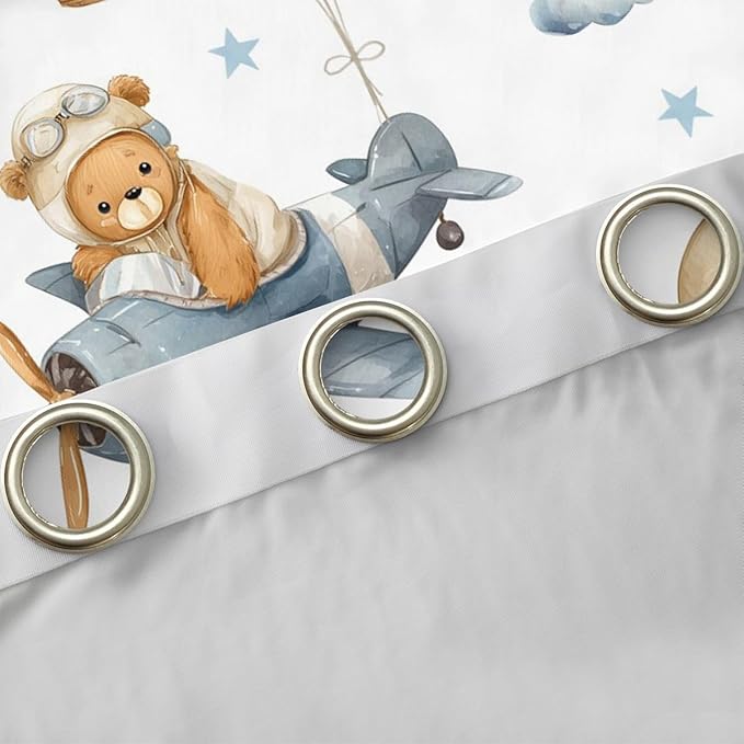 Cartoon Aircraft Window Curtain | Kids Airplane Window Drapes for Teens Woman Men Adventure Bears Bedroom Curtains Clouds Stars Balloon Living Room Decor Top 2 Panels,52Wx96L