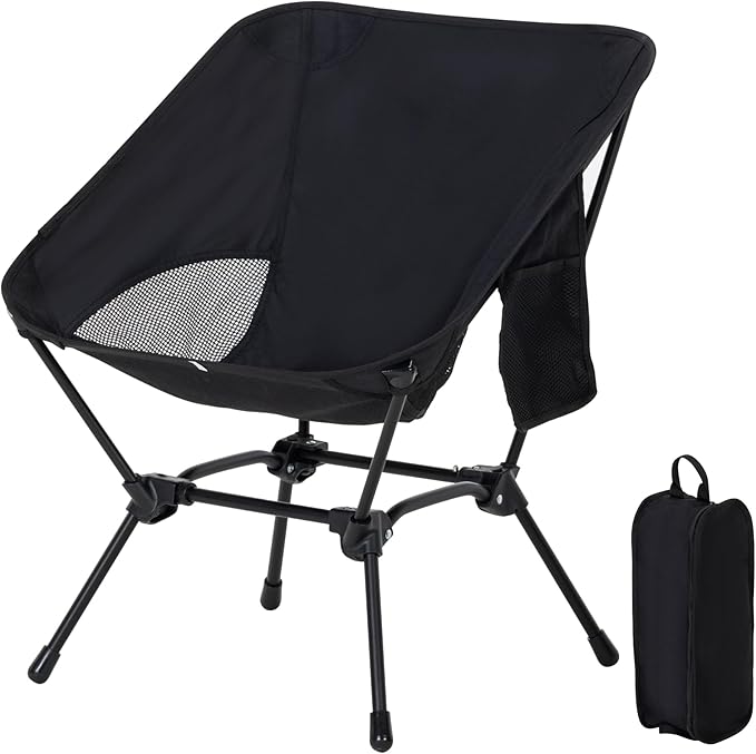 Camping Chair Portable Lightweight Camping Chairs for Adults Foldable 600D Oxford Ultralight Backpacking Chair with Breathable Mesh and Pocket for Outdoor Travel Hiking, Black