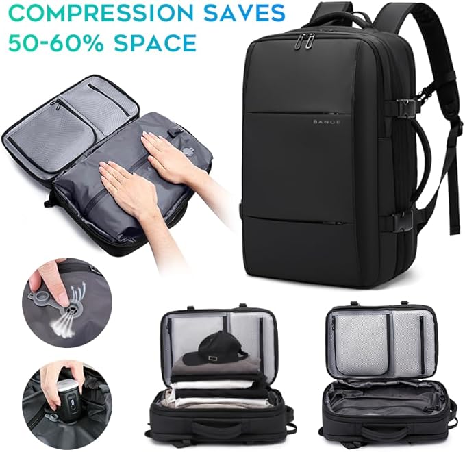 BANGE Backpack with Anti-Theft Vacuum Compression Travel Backpack,Expandable Backpacks with Pump for Airplanes