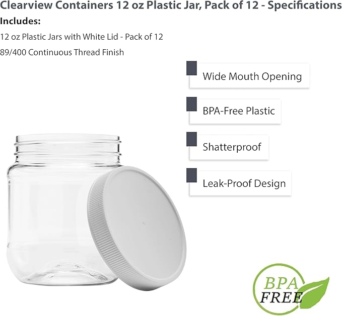 12 Pack of 12 Ounce Plastic 1.5 Cup Jars with 70RM Leak Proof Seal Lid - Food Grade and BPA Free (12oz, 12pk)