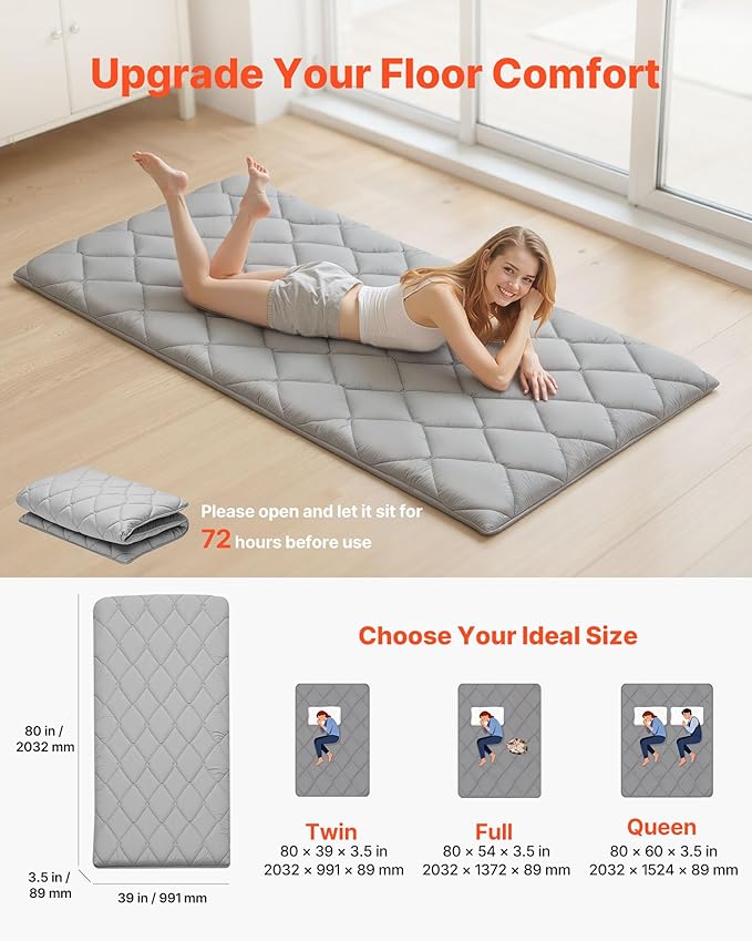 VEVOR 9-Layer Japanese Futon Mattress, 3.5" Thick Twin Tatami Mat, Foldable Roll Up Mattress for Sleeping with Storage Bag, Portable Floor Mattress for Camping Dormitory Yoga, Gray