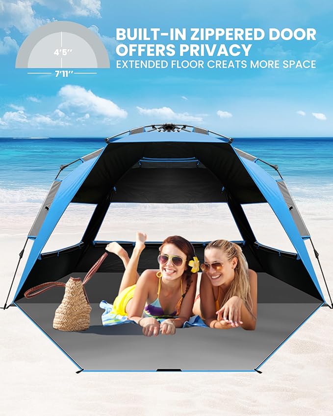 OutdoorMaster Beach Tent with Blackout Shelter Technology, Portable Sun Shade Shelter 4 Person, Pop Up Beach Tents with UPF 50+ UV Protection, 9.5mm Thick Pole, 3 Ventilating Mesh Windows -Blue