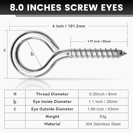 8Pcs Self Tapping Eyelet Screw Eye Bolt，4 Inch Heavy Duty Screw Eyes Hooks ，M8 Wooden Large Screw Eye Hook，Load Capacity 500 Lbs for Hammock ，Yoga，Heavy Indoor Outdoor Uses (8, M8-4 INCH)
