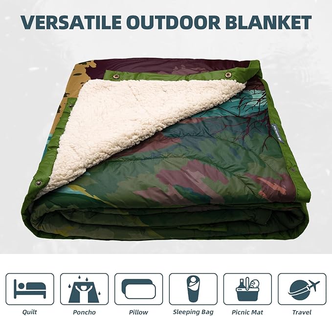 Outdoor Camping Blanket with Sherpa Lining, Extra Warm Thick Camp Blankets and Puffy Ultralight Soft Poncho DWR Camping Quilt for Cold Weather, Adventure, Sleeping, Backpacking 78"x 56"