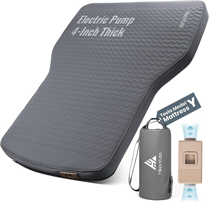 Hikenture Camping Mattress for Tesla Model Y, Electric Pump Self Inflating Sleeping Pad, 4” Thick Foam & Air Model Y Mattress Bed, 9.5 R-Value Insulated Camping Pads for Tesla