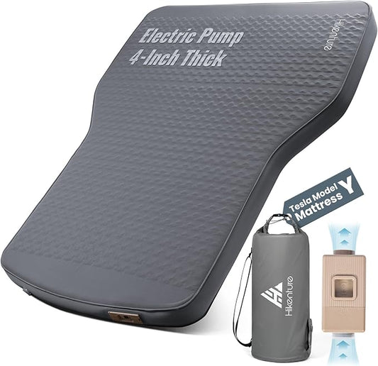 Hikenture Camping Mattress for Tesla Model Y, Electric Pump Self Inflating Sleeping Pad, 4” Thick Foam & Air Model Y Mattress Bed, 9.5 R-Value Insulated Camping Pads for Tesla