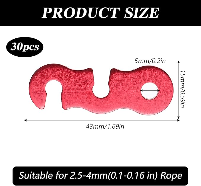 30 Pcs Rope Tightener Tensioner, Aluminum Alloy Guyline Tensioner, Tent Rope Tensioners, Paracord Tensioners for Outdoor Tent Camping Hiking Accessories, Red