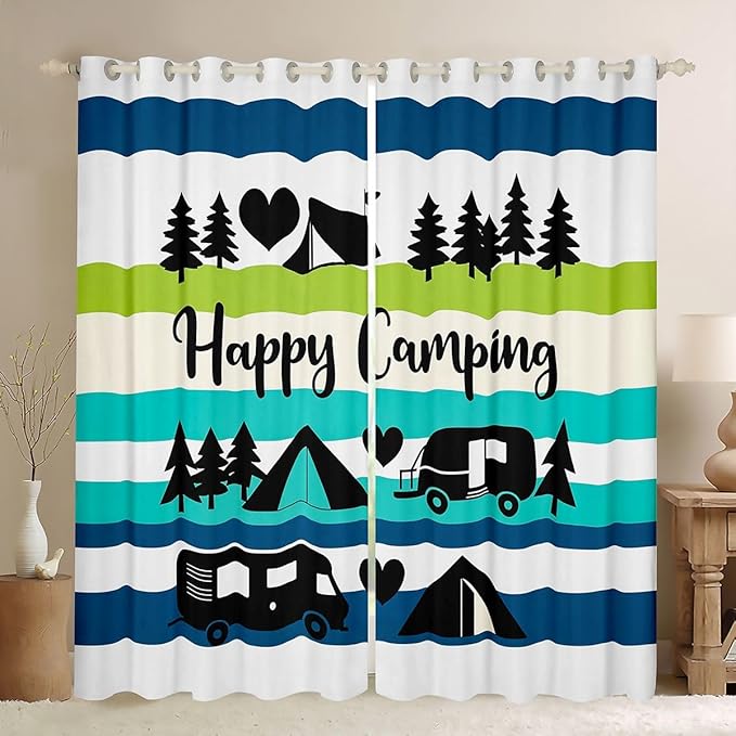 Erosebridal Happy Camping Camper Blackout Curtains for Bedroom Living Room Vehicles Camping Window Curtains 2 Panels 38" Wx54 L Country Pine Tree Mountain Drapes,Colorful Stripes Window Treatments