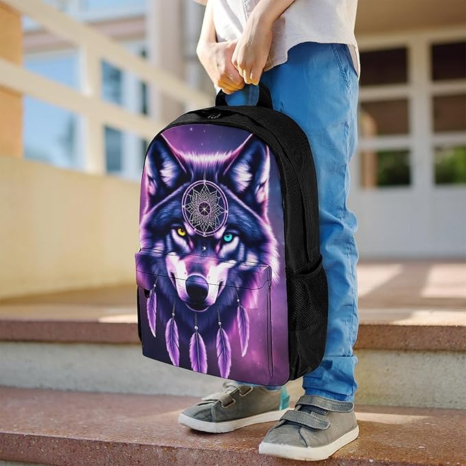 Supdreamc Lightweight Daypack Backpack for Sports Travel Running, Large Capacity Multipurpose Anti-Theft Bookbag, Dream Catcher Wolf Space Fantasy Laptop Backpack Daypack