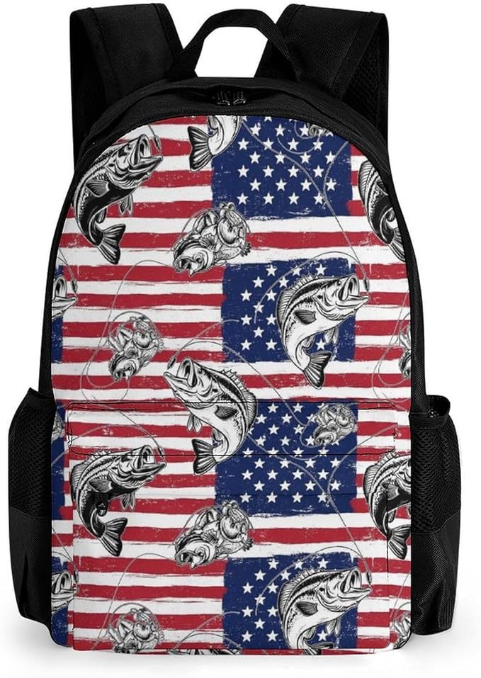 Backpack Anti-Theft Multipurpose Large Capacity Carry On Bag, Bass Fish Fishing Lure American Flag Camping Outdoor Backpack With Side Pockets